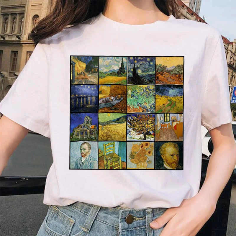 Van gogh женская футболка с рисунком кота, Рисунок маслом, решетка, принт, новая милая женская футболка, Повседневная футболка Harajuku, забавная футболка ulzzang grunge - Цвет: 9262