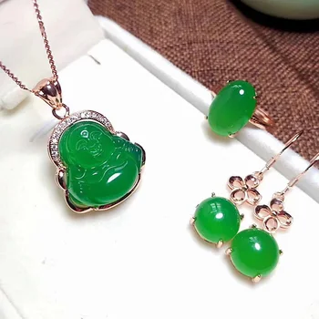 

Rose Gold 925 Sterling Silver Ring/Earrings/Necklaces Natural Chalcedony Green Jade Buddha Jewelry Sets Women Fine Jewelry 328