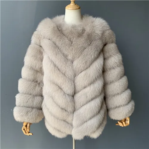 Beige Шуба из натурального Лисьего меха, женская зимняя куртка из натурального меха,, модная полосатая Роскошная Толстая Шуба на зиму - Цвет: Beige