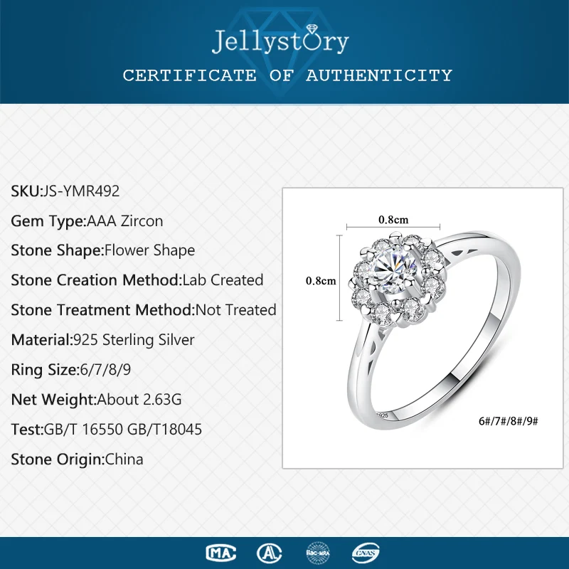 Jellystory модные 925 пробы серебряные кольца с AAA Zircons круглой формы цветок для женщин кольцо Свадебная вечеринка подарки ювелирные изделия