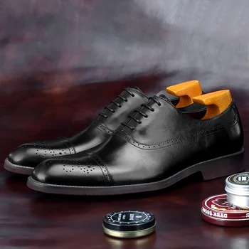 

Luxury Brand Man Cap Toe Semi Brogue Shoes Genuine Leather Formal Prom Party Oxfords Round Toe Laces Men's Wedding Flats BGQ242