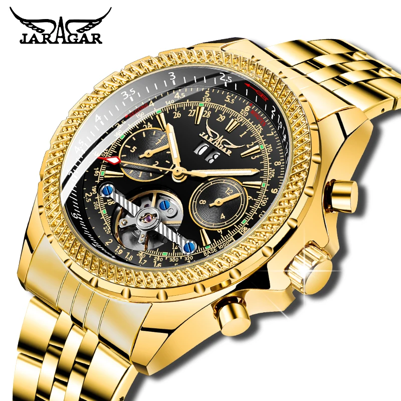 

Luxury JARAGAR Men Automatic Mechanical Watch Golden Bezel Scale Dial Design Stainless Steel Military Luminous Calendar Watch