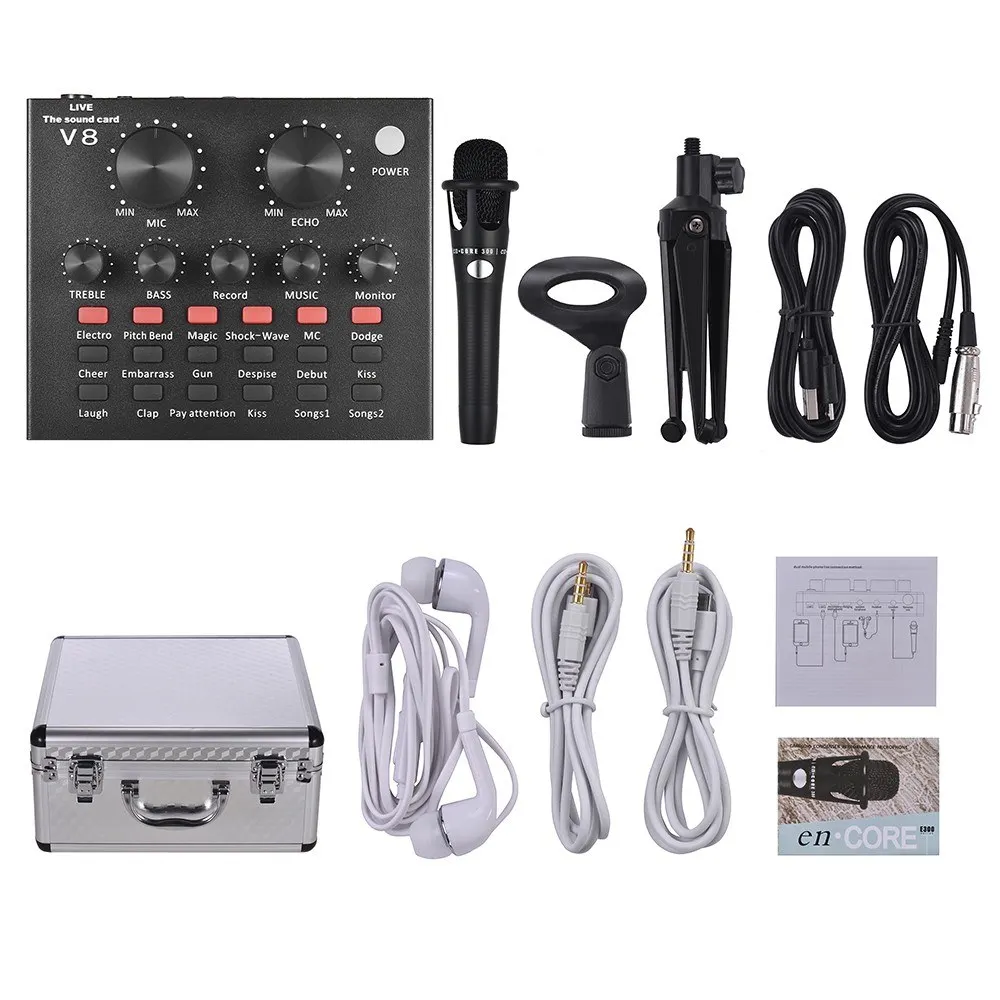 

USB Sound Card Microphone Headset Tripod Audio Cable Earphone for Broadcast Live Streaming for Tik Tok YY Karaoke Singing
