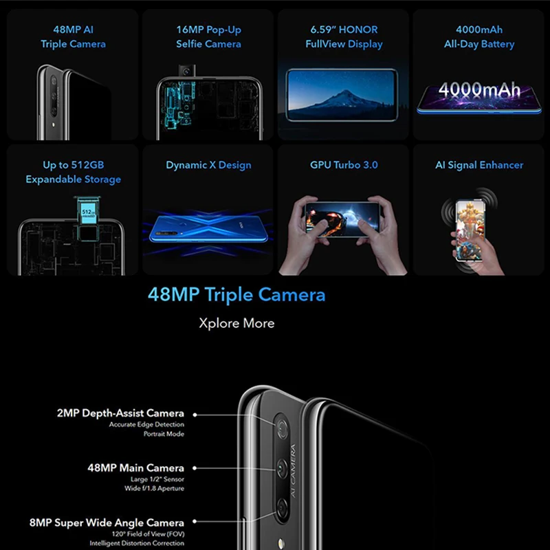  Honor 9X Smartphone Google Play 48MP Triples Camera 6.59'' Mobile Phone Android 9 4000mAh Full Scre