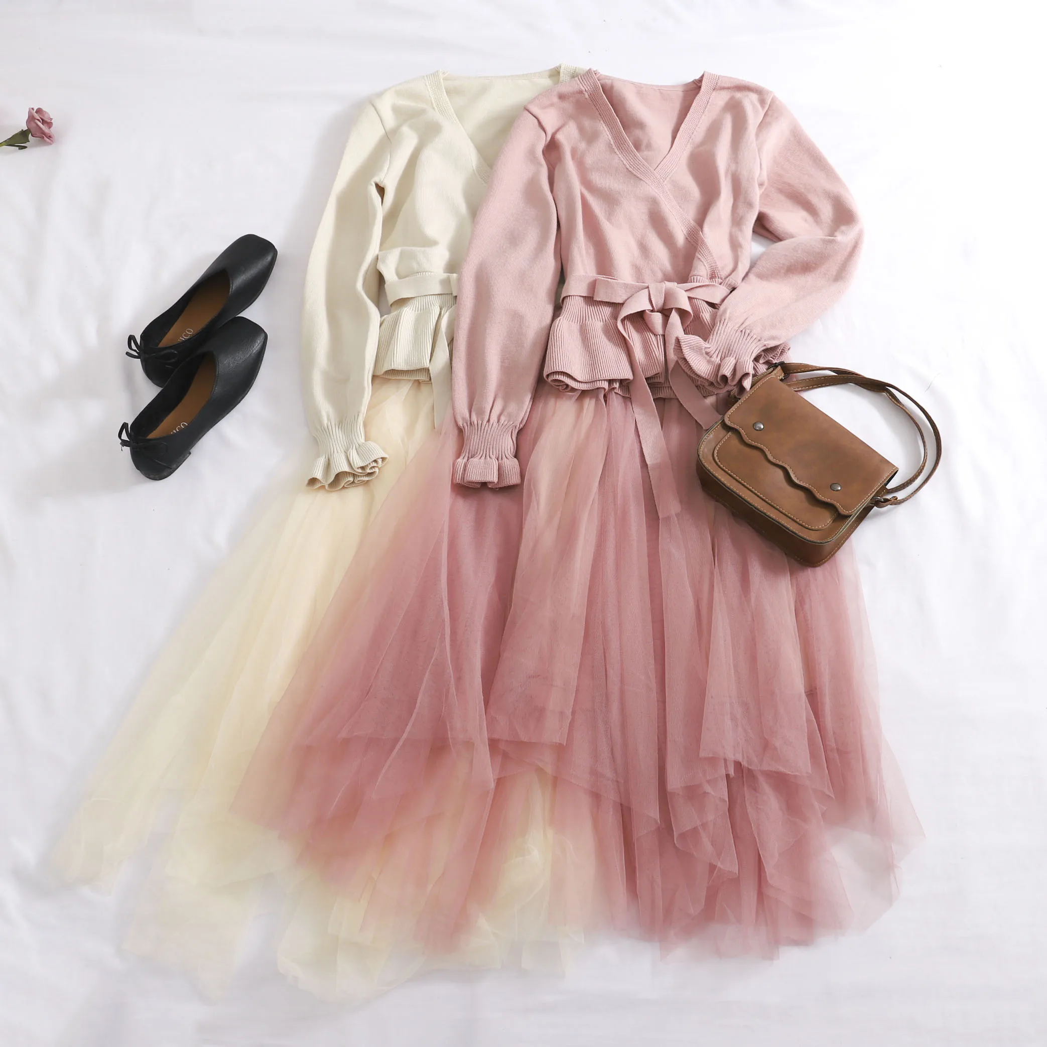 

Women Autumn Flare Sleeve Patchwork Mesh Gauze Bandage Strap Knitted Bow Dress Vintage Elastic Slim Tulle Voile Party Midi Dress