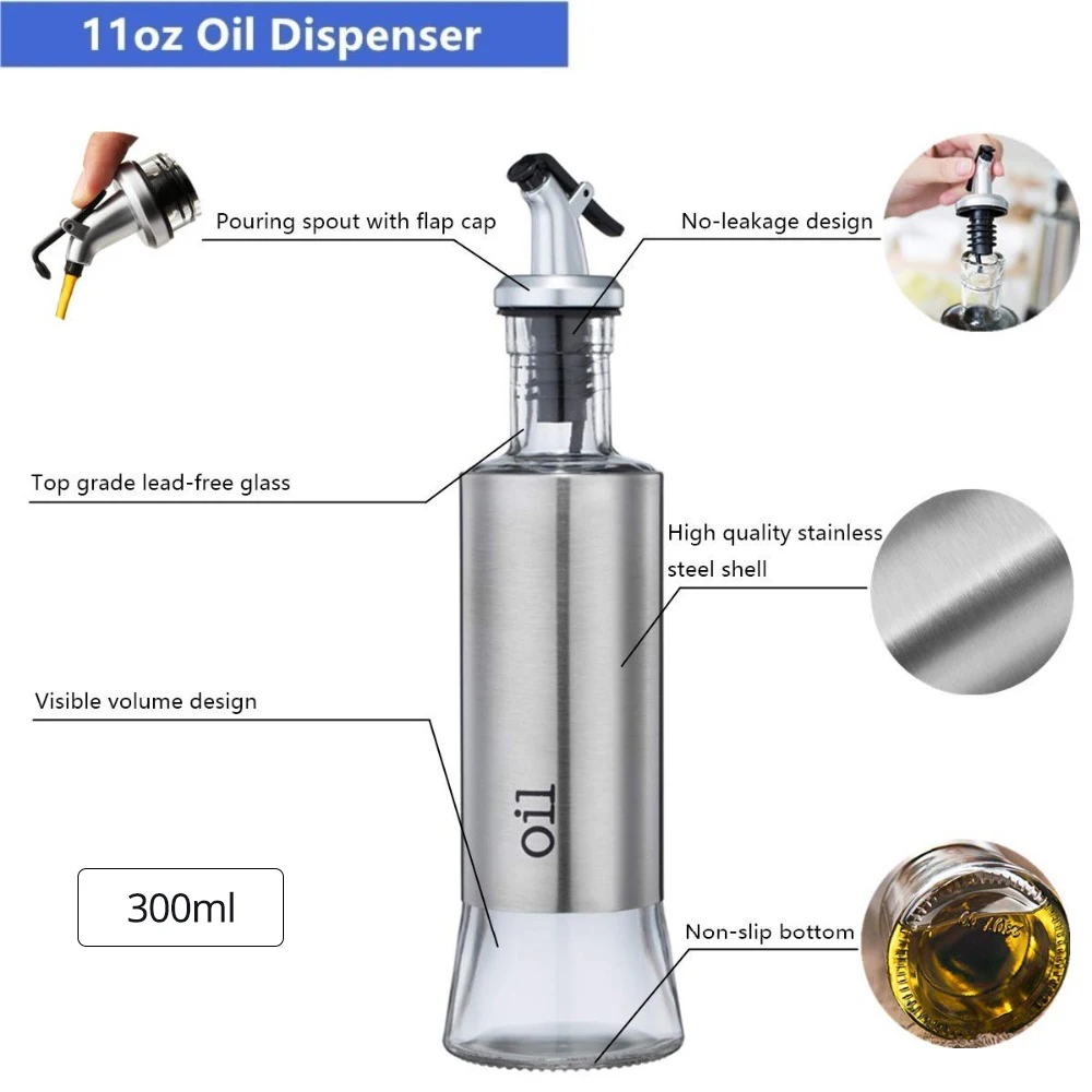 Olive Oil Dispenser,Glass Oil & Vinegar Cruet Bottle, Soy Sauce  Container,Stainless Steel Salt and Pepper Shakers Set， For Cooking,  Spice,Sea Salts