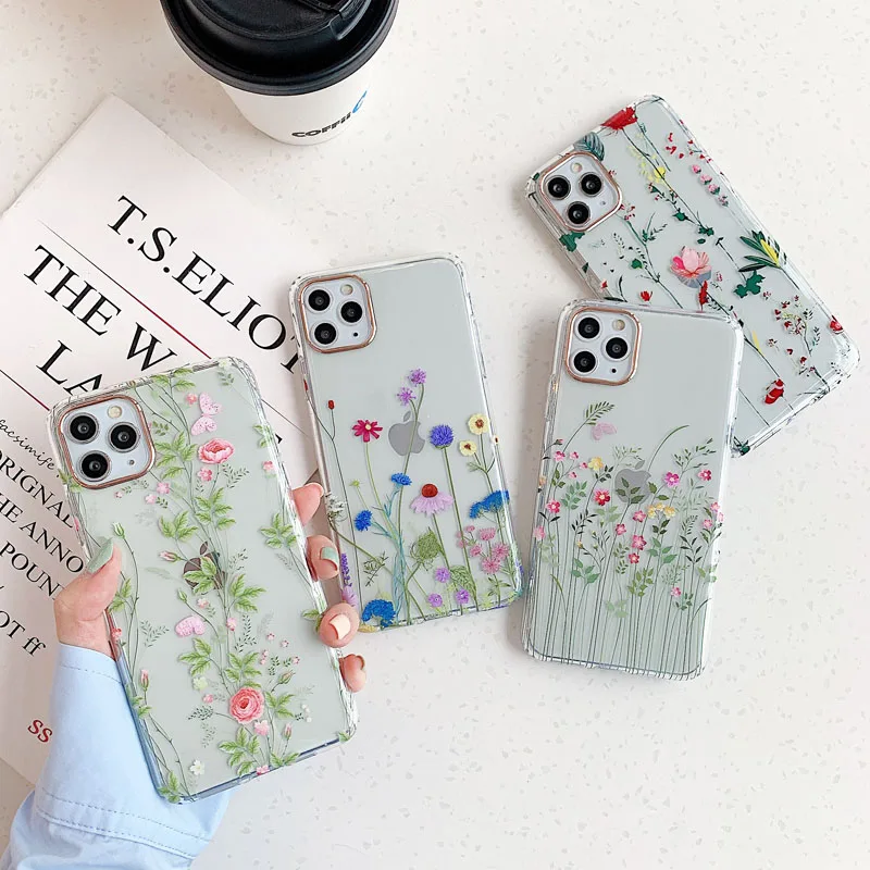 

Luxury Flower Phone Case For iPhone 12 Mini 11 Pro Max 7 8 Plus X XR XS Max Transparent Shockproof Back Cover Coque Funda
