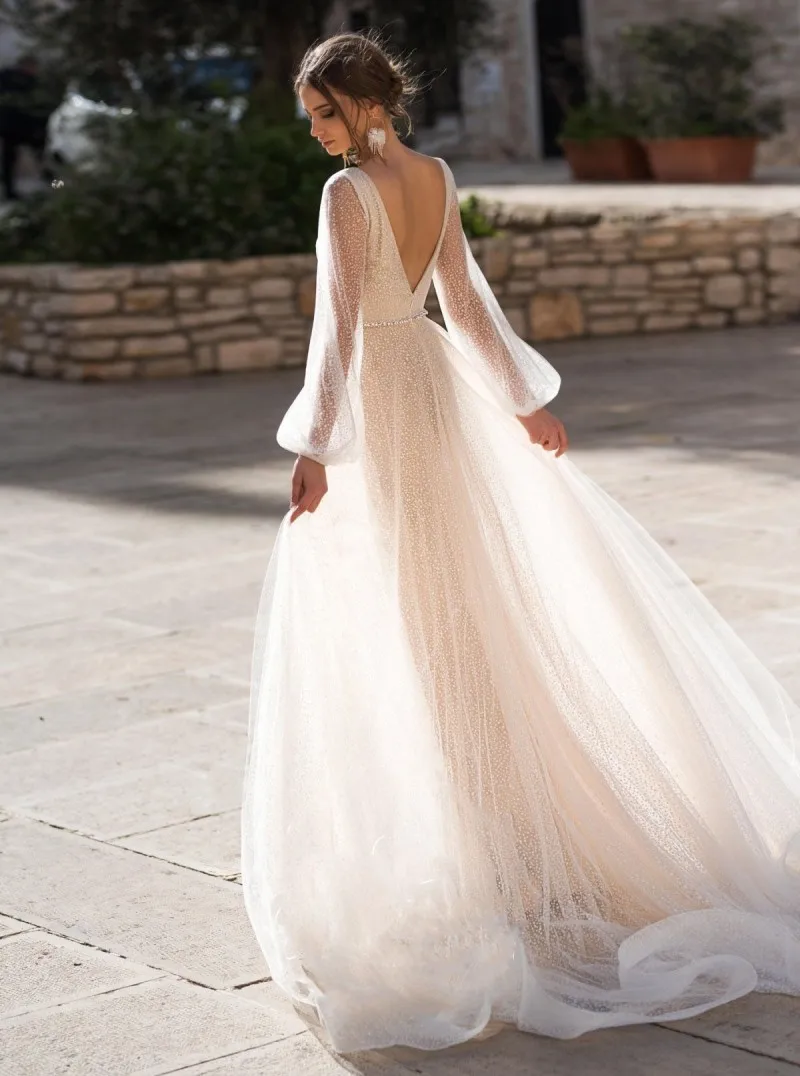 Блестящее богемное свадебное платье с разрезом кружевные пляжные свадебные платья Длинные рукава с v-образным вырезом из бисера Vestido De Noiva
