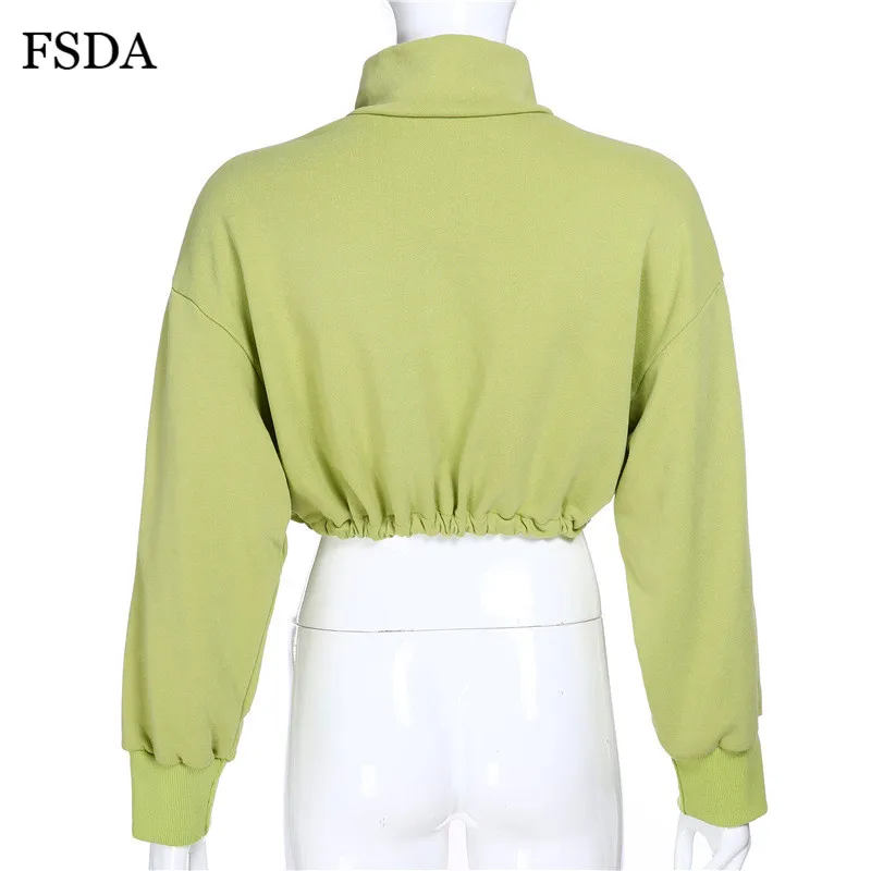 FSDA зеленый укороченный женский свитер на молнии с длинным рукавом Водолазка Повседневная Уличная хлопковая осень зима Топ