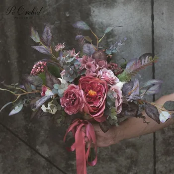 

PEORCHID Vintage Purple Bride flower Wedding Bouquet Peony Silk Rose Hydrangea Artificial Hand Bouquet Noiva
