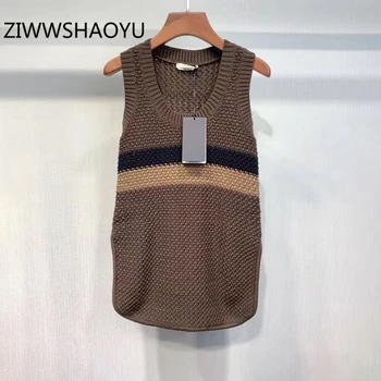 

SPENNEOOY Designer Custom Runway Women Summer Colorblock Sleeveless Knitted Tank Tops Ladies Side Split Elegant Vintage Vest Top