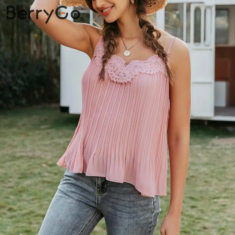 BerryGo Elegant lace embroidery pink tops women Sexy v-neck female camis tank top Summer spaghetti straps ladies tops shirt