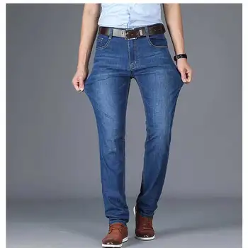 

2019 spring new men's jeans summer thin section business stretch Slim jeans men's straight youth solid color washed blue jeans