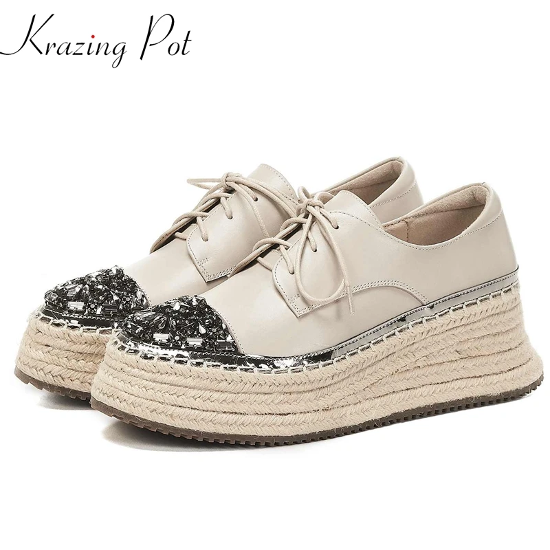 

Krazing Pot genuine leather straw bottom flat platform mixed color lace up loafers round toe full of diamonds leisure shoes L87