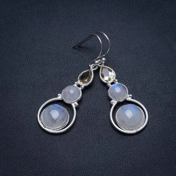 

Natural Moonstone and Citrine Handmade Unique 925 Sterling Silver Earrings 1 3/4" T3946