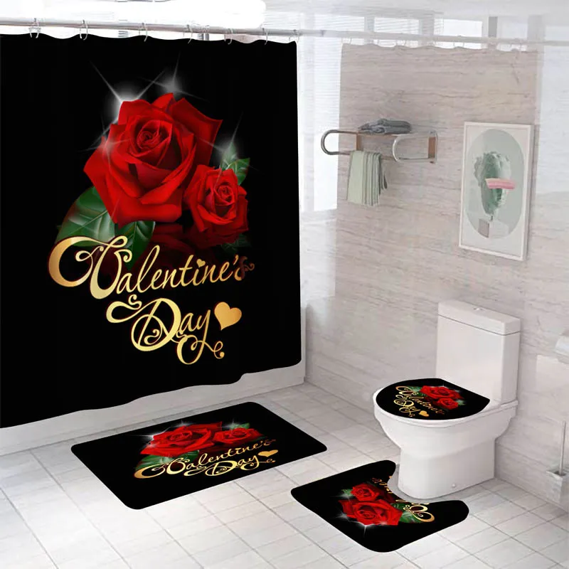 Rose Flower Shower Curtain Set Non-Slip Rugs Bath Mat Toilet Lid Cover and 12 Hooks Waterproof Polyester Bathroom Decor