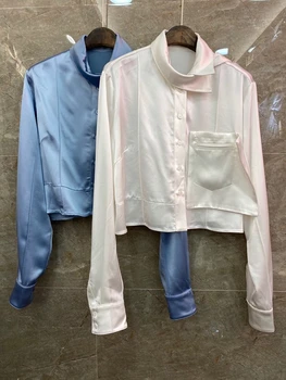 

2020 Early Autumn New Women's Irregular Neckline Single Pocket Decorative Long Sleeve Solid Color Silk Satin Shirt 731