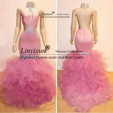 Сексуальные Кристальные розовые платья для выпускного вечера, прозрачные сзади Вечерние платья, платья-пачки с оборками и высоким воротником, вечерние платья Abendkleider