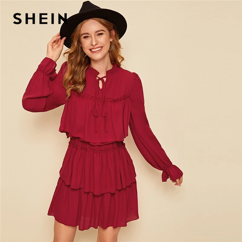 SHEIN черный оборка с завязками на шее с рюшами для девочек на вечеринки, цветок вечерние мини-платье Для женщин Осень Стенд воротник женские элегантные вечерние платья