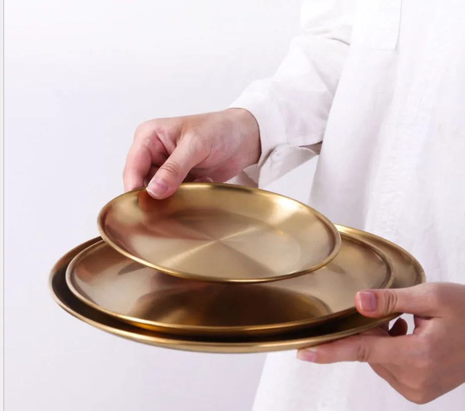 Золотые обеденные тарелки из нержавеющей стали скандинавский круглый поднос для