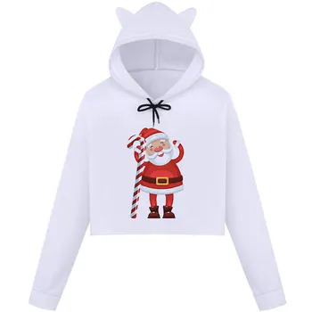 

Autumn Winter 2019 Christmas Long Sleeve Hoodie Womens White Hoodies Pullover Short Sweatshirt with Christmas Pattern