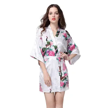 

Ladies Summer Long Sleeve Peacock Silk Nightgown Bathrobe Plus Size Home Tracksuit Polyester Pajamas Black Women Satin Robe