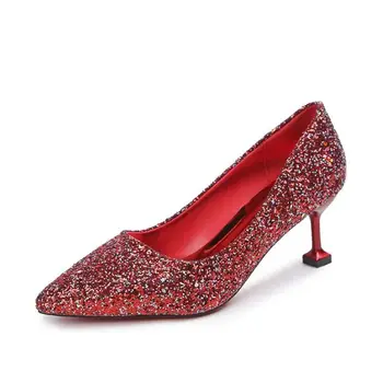 

Women Fashion Pumps Shoes Shine Upper Material Thin Heels Pointed Toe Shoes Women Party Wedding Footwear Size 35-40