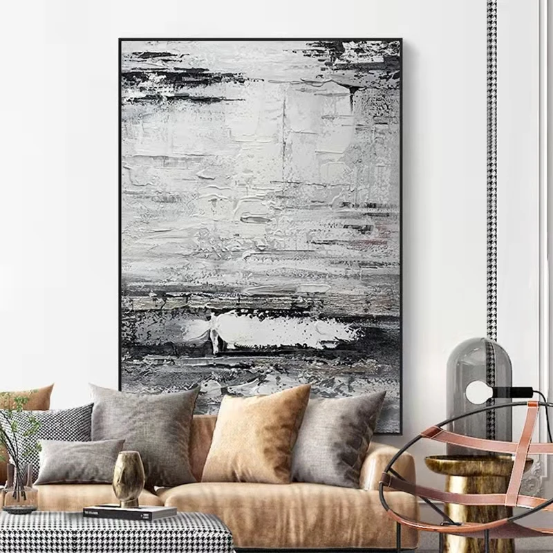 

Hand-painted Oil Painting Abstract Industrial Painting Vertical Thick Oil Mural Large Decorative Painting Black and White Gray