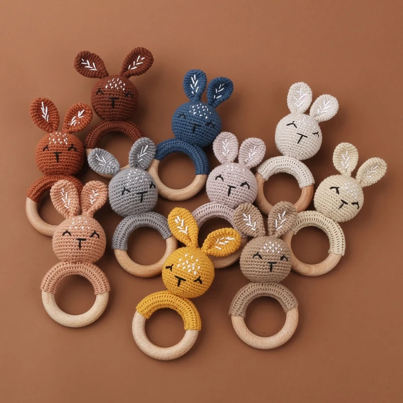 Baby Toys Baby Rattle Toys BPA Free Baby Wooden Teether Crochet Cartoon Baby Rattle Toys Wooden Ring Rodent Toys Mobile Gym Kids Newborn Educational