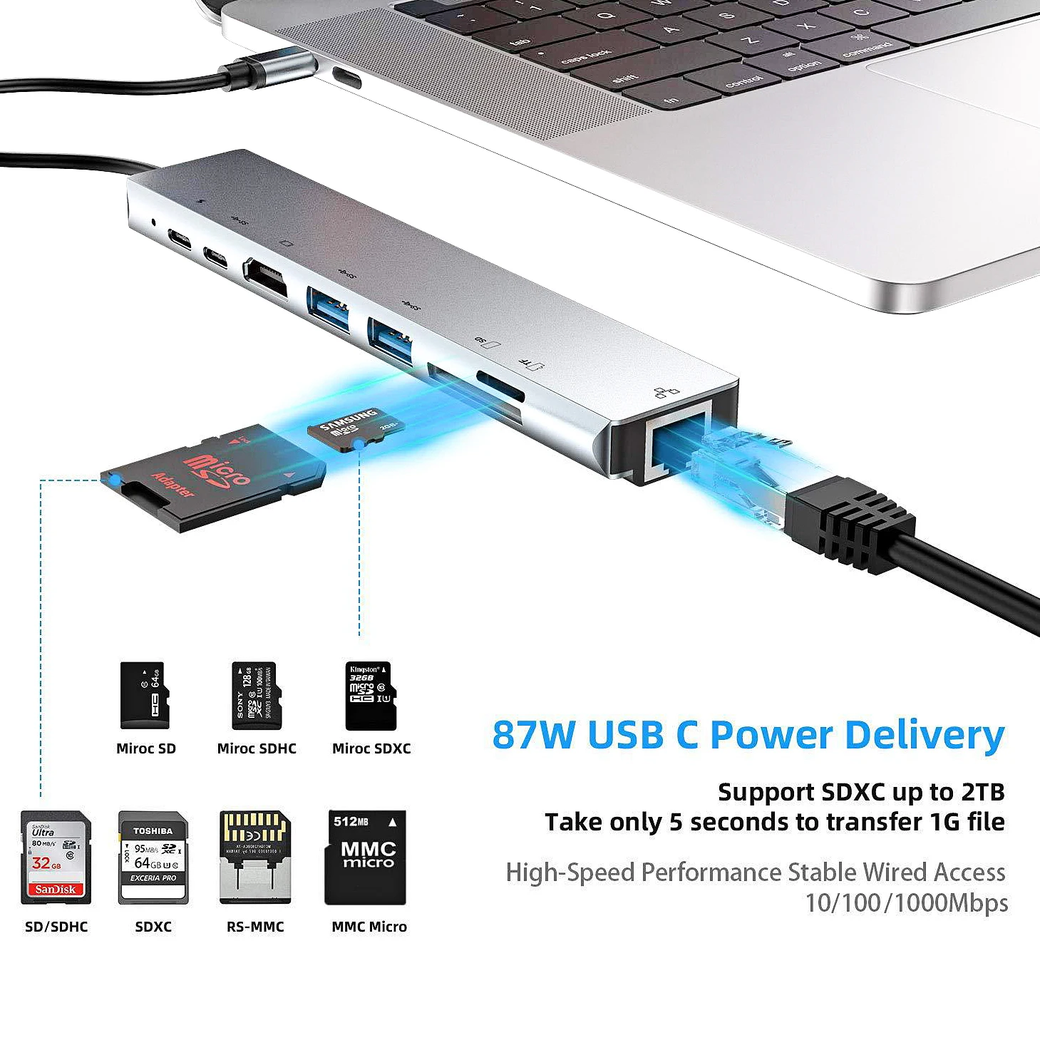 USB C Hub-Creatck 8 в 1 Алюминиевый type C адаптер с 4K HDMI портом Ethernet 1000 Мбит/с порт RJ45 2 порта USB 3,0