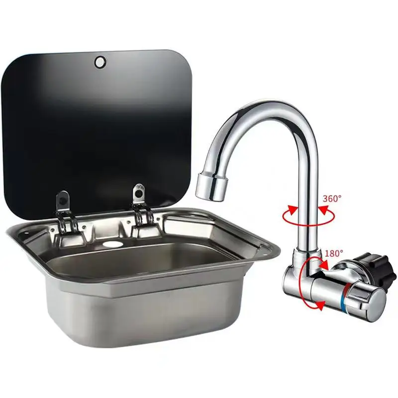 DREAMRV caravan campeggio Lavabo a mano in acciaio inossidabile Lavandino Coperchio in vetro temperato con rubinetto piegato Accessori per camper per barche  34