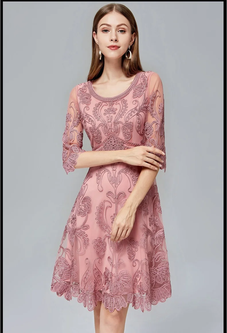 Slim Fit& Flare Dress Autumn Style Women O-Neck Allover Appliques Embroidery Red Wine Red Pink Black Dress Vestidos Festa