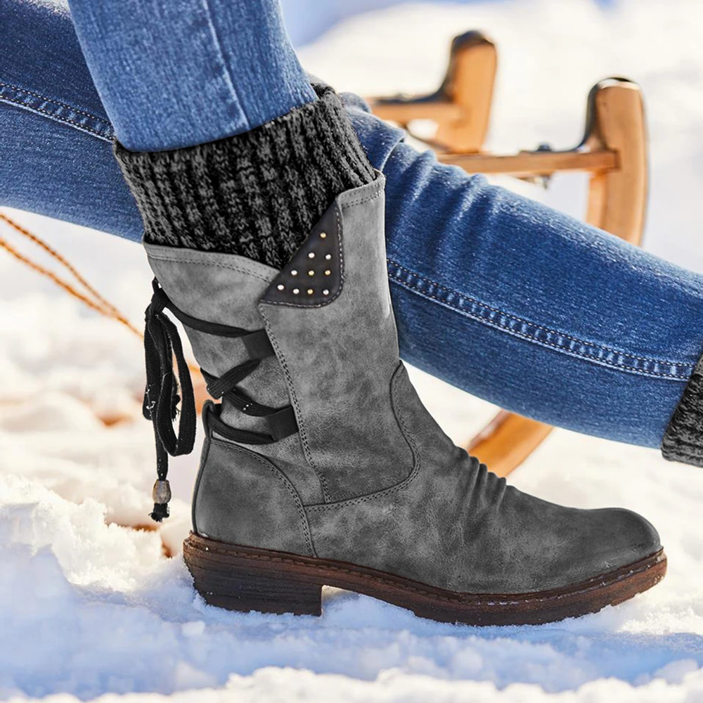 Botas de media caña de cuero para botines de tacón bajo con cordones en la cálidos, de nieve, con tejido de retazos y cremallera, novedad de invierno 2019|Botas a