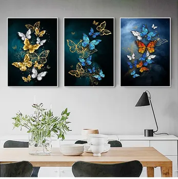 Cuadros de pared con mariposas en azul y dorado abstracto, Cuadros de pared modernos para sala de estar, estampado de mariposas
