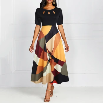 

Evening Party Summer Maxi Dress Women 2019 Short Sleeve Floral Yellow & Black Elegant A-line Large Dress For Ladies with pocket