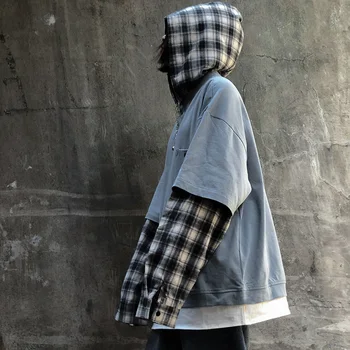 

Autumn New Hoodies Men Fashion Lattice Stitching Casual Hooded Sweatshirt Man Streetwear Wild Hip Hop Loose Hoodie Male M-XL