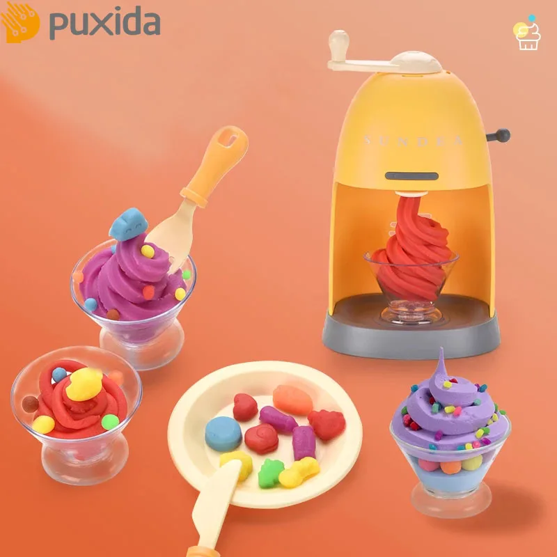 Puxida Manual Color Mud Gel Plasticine 4 Shape Ice Cream Machine High Imitation Mold Tool  For 3+ Children DIY Pretend Play Set