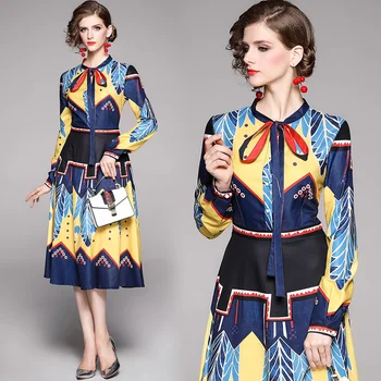 

2019 Vintage High Street Blue Midi Dresses Autumn Winter Plus Size Print Long Sleeve Dress Elegant Women Bodycon Party Vestidos