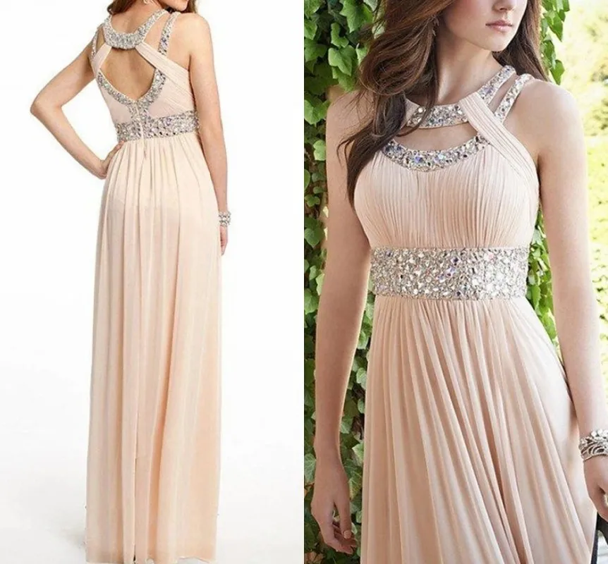 

Luxury Blush Pink Chiffon Evening Dress 2024 Halter Sleeveles Beading Ruched Women's Prom Party Gown Robe De Soiree Vestiods