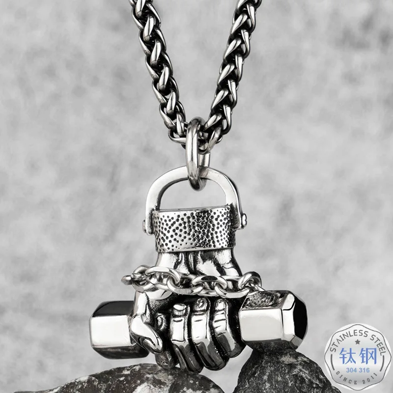 

New Products Fist Dumbbell Necklace Sports Fitness Fashion Man Hip Hop Titanium Steel Pendant Retro Cool Europe And America Pend
