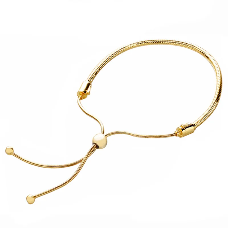 925 пробы серебряный браслет золотого цвета Moments скользящая застежка регулируемый браслет подходит для женщин Шарм из бисера Diy ювелирные изделия