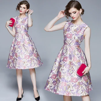 

A- Women's Sleeveless O-Neck Vest Dress Elegant Vintage Red Floral Jacquard Dress Fashion Party Summer Ball Gown Dress