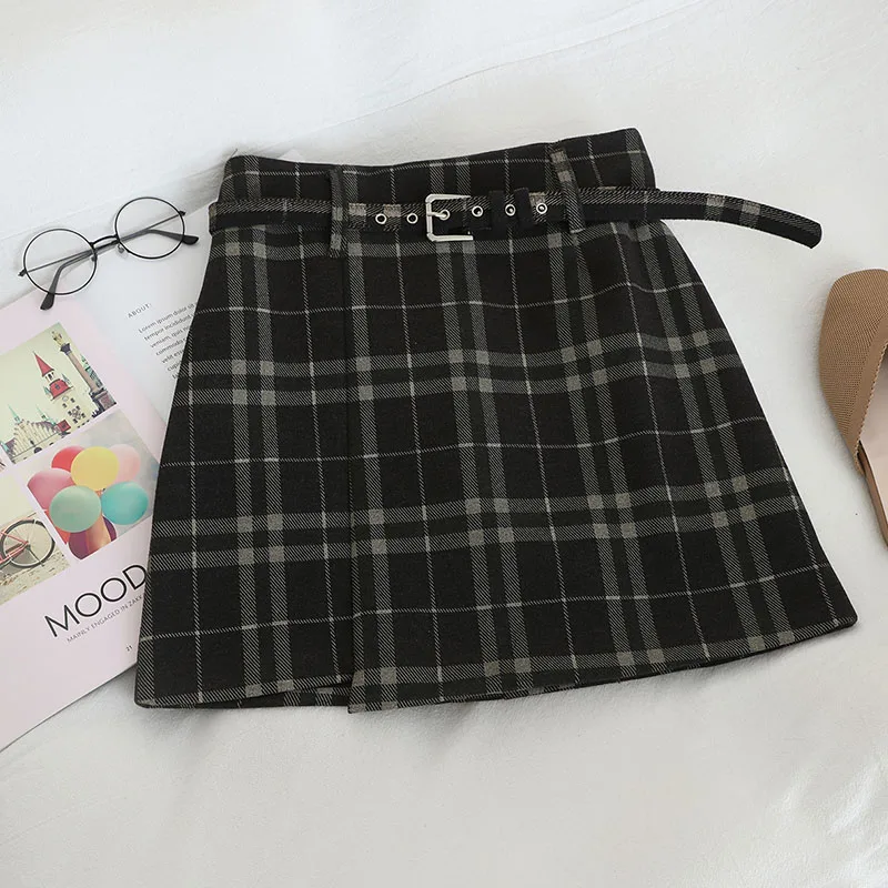 HELIAR Preppy Plaid Woolen Shorts With Pocket Women Sashes Shorts Wide Leg Outwear Shorts Fall Winter Street Shorts Women - Цвет: GREY2