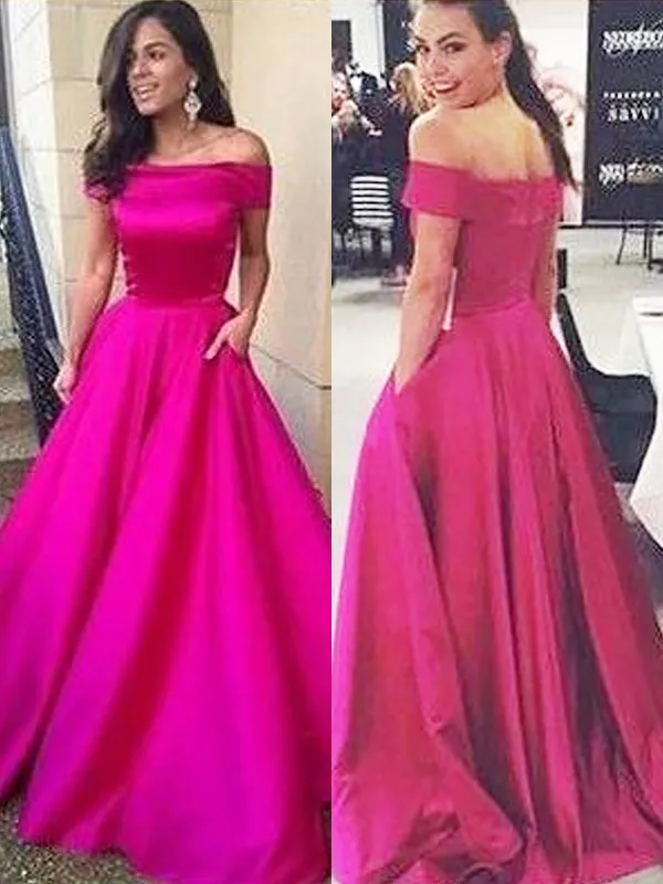 A-Line Princess Off-the-Shoulder Sleeveless Sweep Brush Train Ruffles Satin Dresses