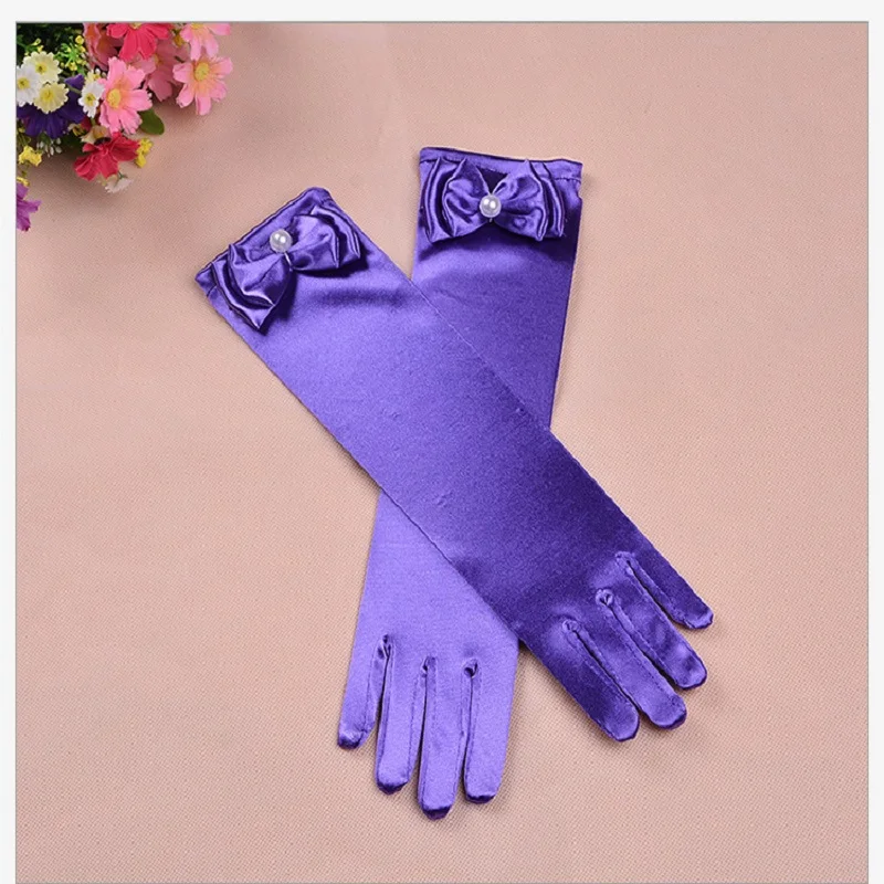 Purple Яркие атласные перчатки с бантиком для девочек, платье принцессы, перчатки с бантиком, длинные официальные перчатки для детей, вечерние, свадебные, торжественные, ST268 - Цвет: Purple