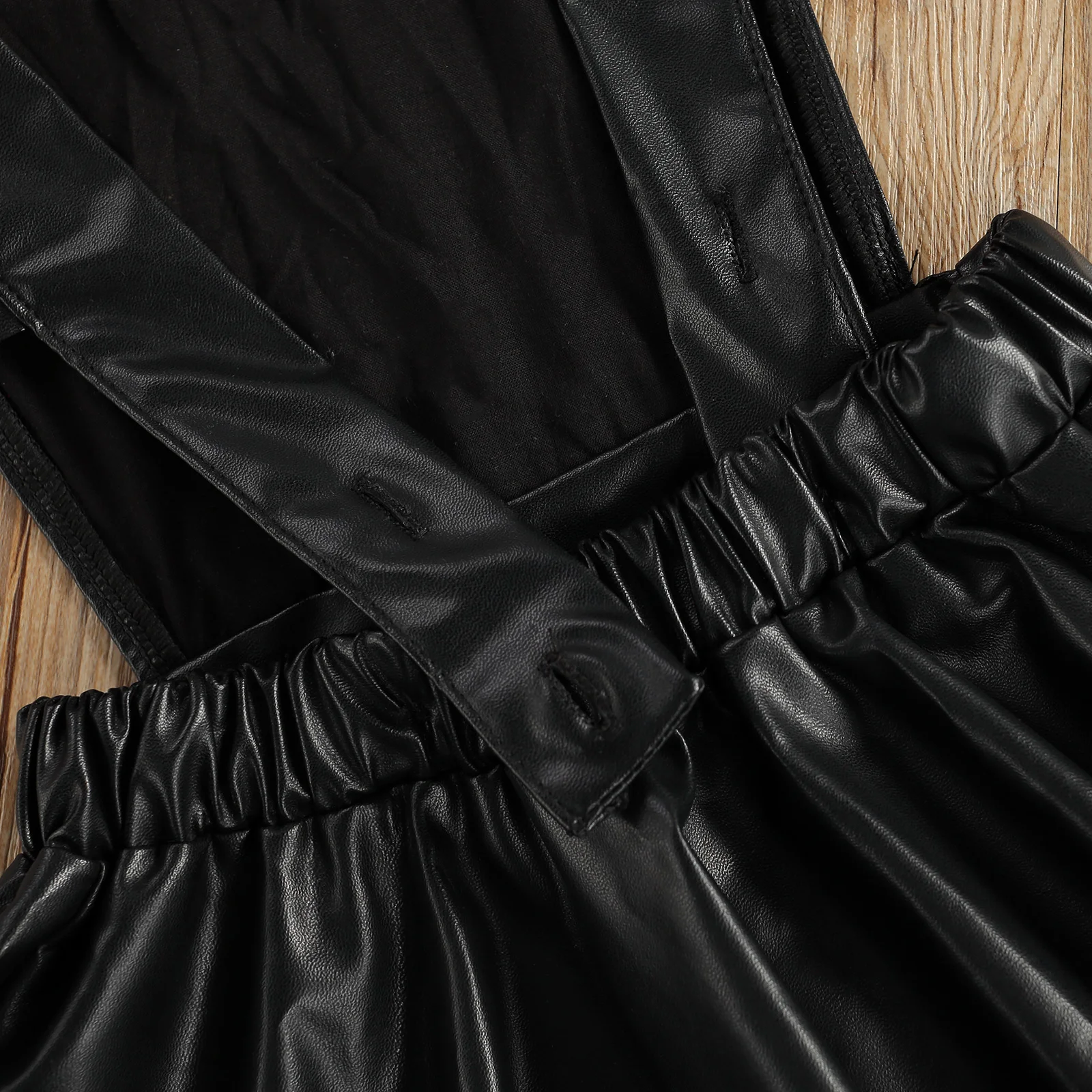 Toddler Baby Girl Black Overall Dress Soft Fabric Faux Leather Ruffle Sleeve Backless Suspender Skirt Comfortable Sweet Casual