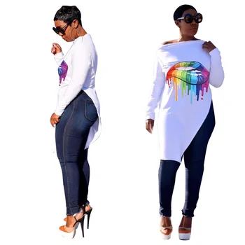 

Autumn Winter Women Blouse Shirt Lips Print Long Sleeve Casual Long Top Plus Size Blouses Shirts