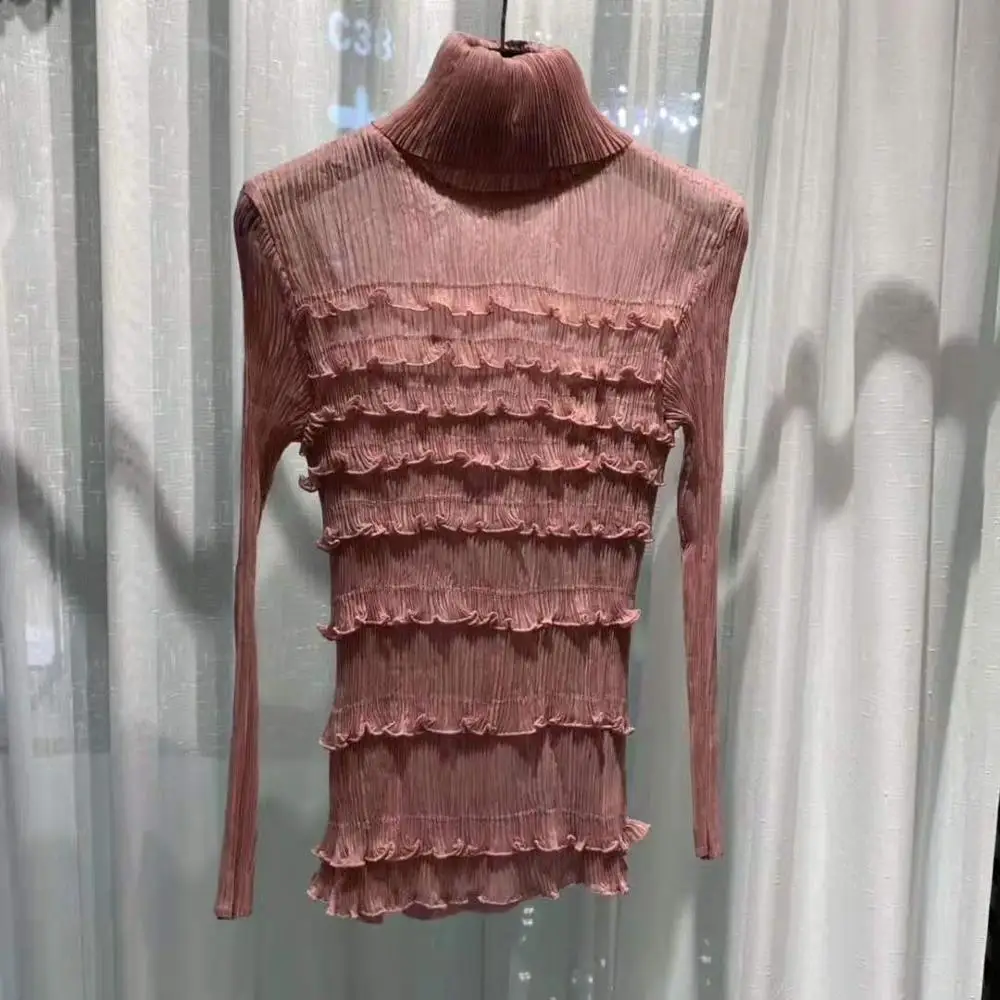 Горячая Miyake fold длинный рукав ремонт водолазка Твердые оборки тонкая футболка