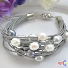 15row " 13 мм серый черный белый жемчуг в форме риса серый кожаный браслет