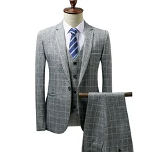 Клетчатый комплект из 3 предметов, мужские костюмы, серый формальный деловой повседневный костюм, приталенный Блейзер+ жилет+ брюки